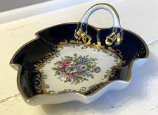 Limoges porcelain cobalt blue and gold trinket dish with floral centre free post