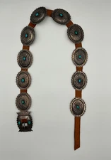 NAVAJO OLD PAWN SAND CAST Sterling Silver TURQUOISE CONCHO Belt Native Southwest