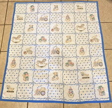 Vintage Baby Blanket Quilted White Blue Country Hearts 90s 40"x46" Boys Girls