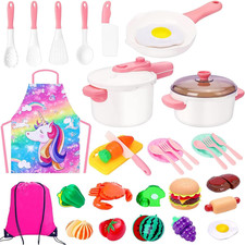 Pink Kids Play Kitchen Set with Pots, Pans, Utensils Play Food Toys