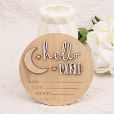 Birth Announcement Sign, 5.91 Inch Wooden Hello World Newborn Sign New Baby Name