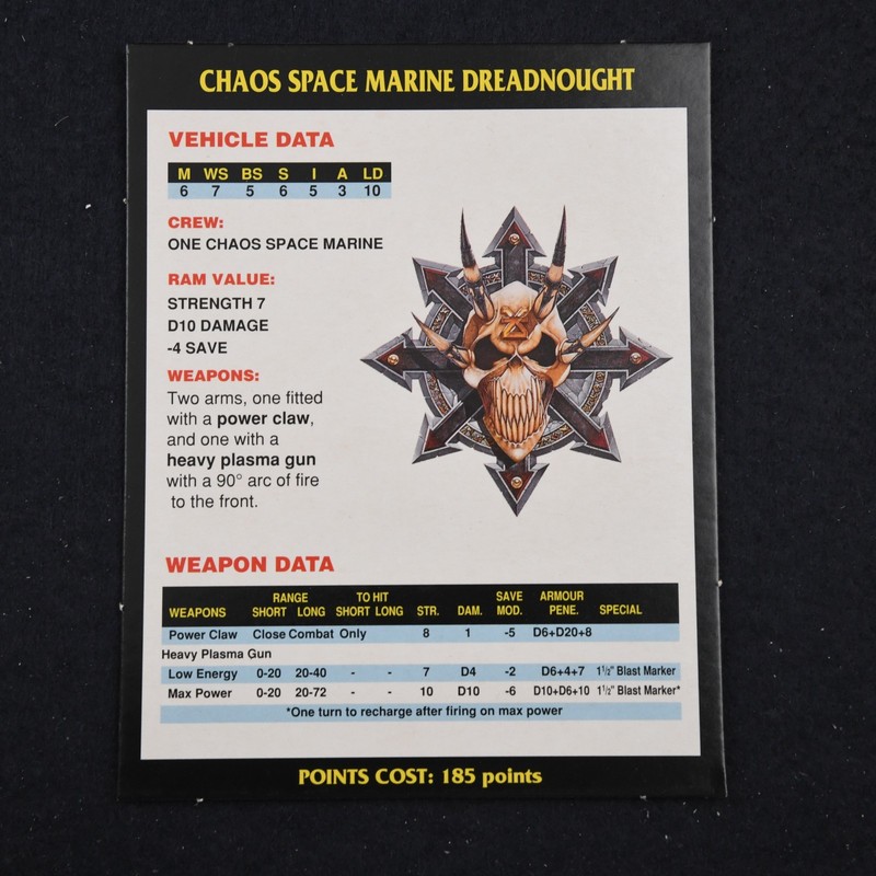 2nd Edition Warhammer 40k Data Card Chaos Space Marine Dreadnought 40,000