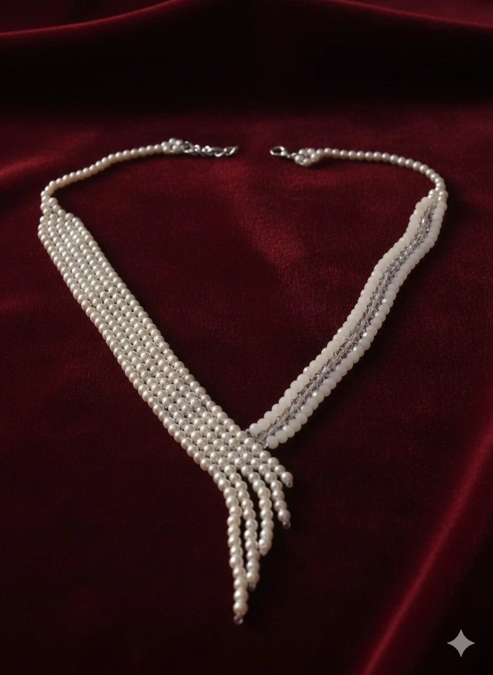 Collana Girocollo Elegante Perle Fatta A Mano Cristallo Bianco Sposa Cerimonia - Immagine 3 di 4