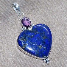 Long Heart Lapis Lazuli Amethyst 925 Silver Plated Pendant 2