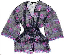 VICTORIA"S SECRET Sheer Mesh Embroidery Floral Short Robe Kimono M/L NWT
