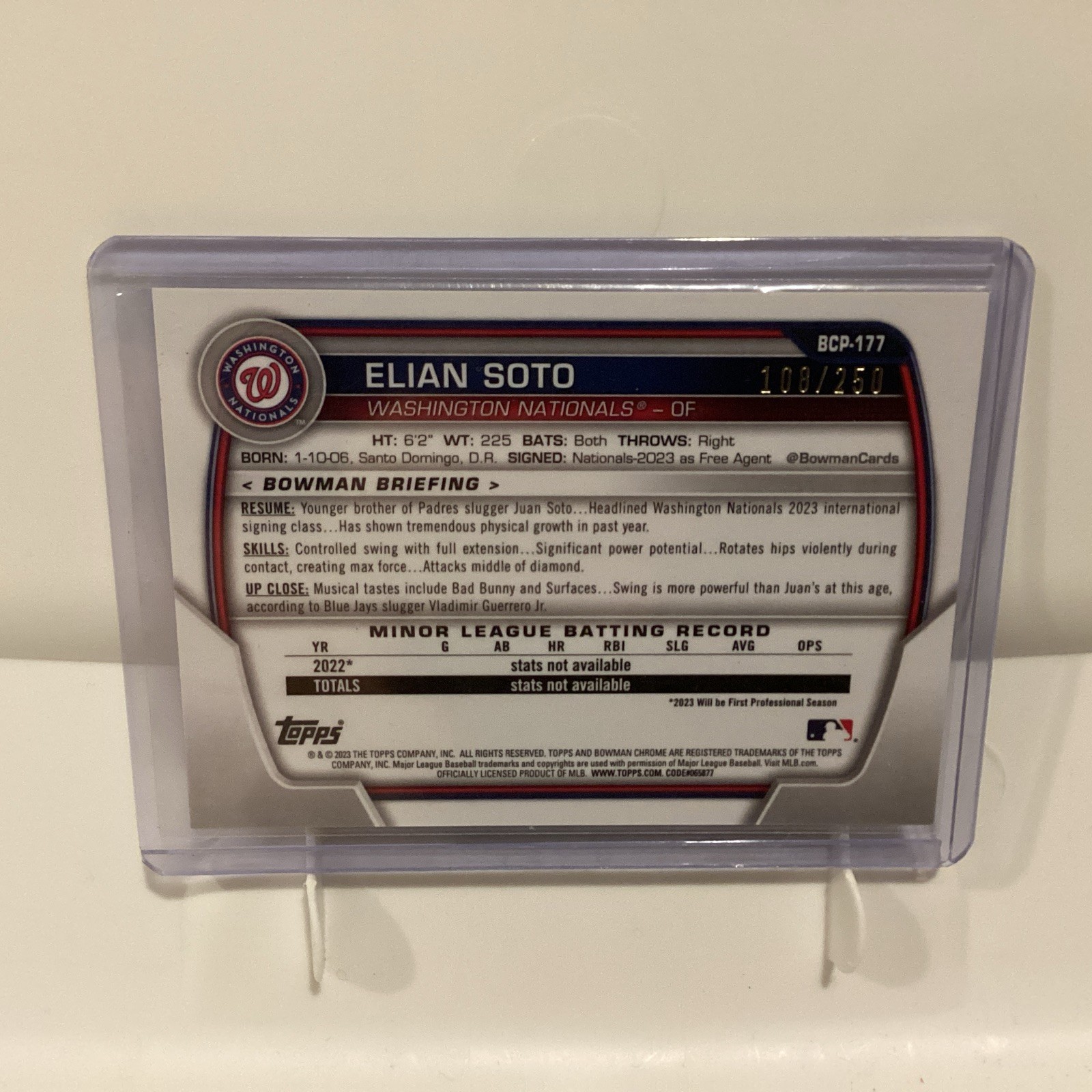 2023 Bowman Chrome Elian Soto Purple Refractor 1st Prospect #/250 Nationals view 2