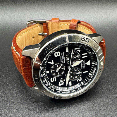 Citizen Eco-Drive Titanium Chronograph Alarm Tachymeter 200m Brown Leather 43mm