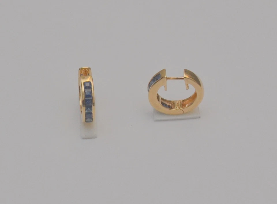 14K 黄金 Huggie 环状耳环 二手 蓝色蓝宝石通道套装 4.3 克 E2 — 第 2/4 张图片