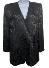 Vintage Rena Rowan Saville Jacket Womens 10 Black Floral Jacquard Wrap Blazer