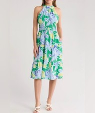 Eliza J Halter Tiered Midi Dress Green Blue F...