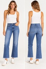 AYR The Bomb Pop Jeans Size 24S Blue High Rise Flare Raw Hem Stretch Denim USA