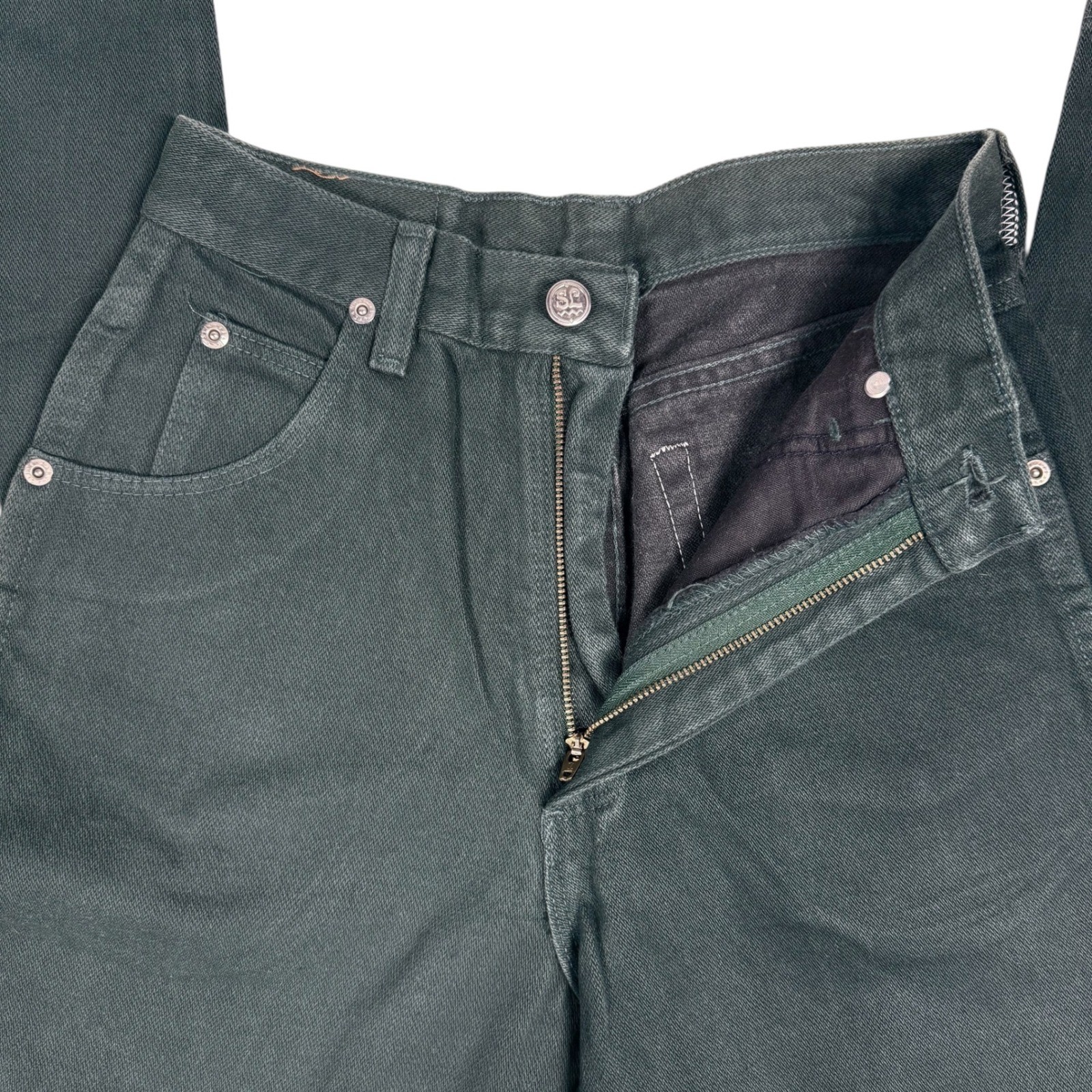 Wrangler silver lake western jeans 3/4 x 36 with front zipper, button closure, and dark denim fabric made in USA.