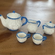VTG Childs Miniature Dollhouse Tea Set White Blue Porcelain Embossed Fruit
