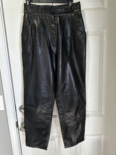 Vintage Toff  s Black Leather Pants 10P High Waist Pleated Tapered 80s