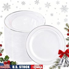 100pcs Silver Rim Plastic Plates 6.25inch BPA Free Sturdy Disposable Tableware