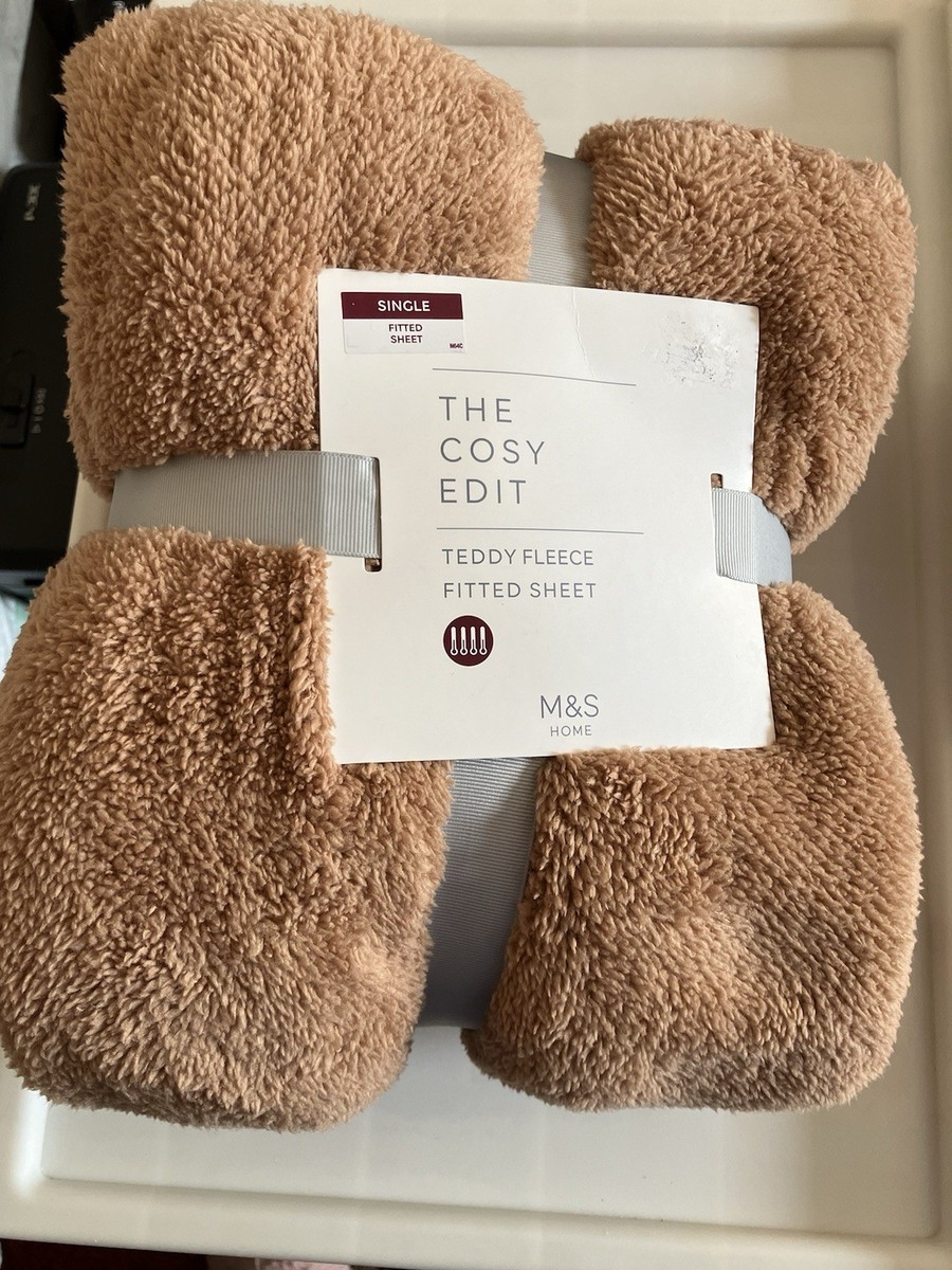 New M&S Home Light Brown Unisex Single Teddy Fleece Fitted Sheet