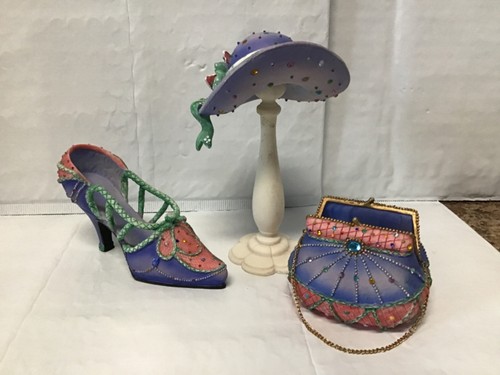 CLASSIC TREASURES, LADIES COLLECTIBLE ENSEMBLE-PURSE, SHOE, HAT, & DISPLAY STAND
