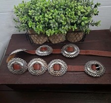 Vintage R.O.C. Taiwan silver tone Concho Leather Belt 1990s NICE