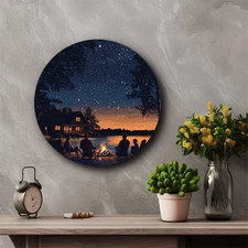 1pc Vintage Lake & Cabin Scene Round Metal Wall Art - 8x8 Inch Rustic Aluminum S