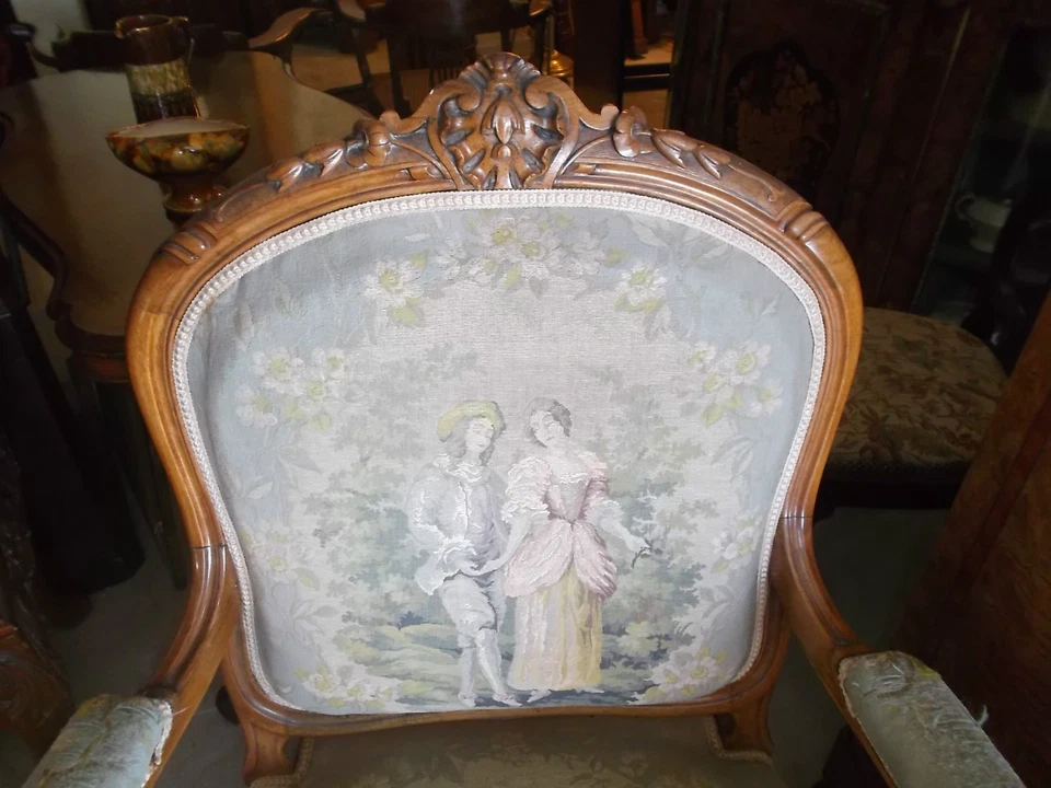 Silla Francesa Antigua Nogal Original Tapiz Madera Clara Tela 1800-1899 Foto 4 de 4