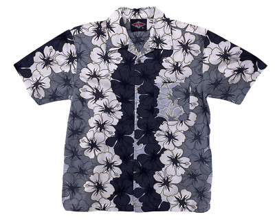 BEAR Surf Shirt Men Medium Hawaiian Gray Black Floral Kona Aloha Camp Travel