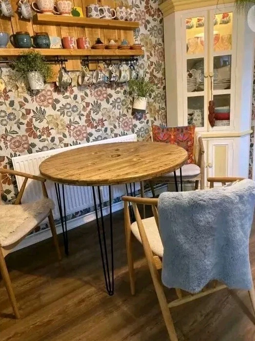 Toller ** runder industrieller Kabelrolle Esstisch rustikal auf Haarnadelbeinen (100 cm) - Bild 2 von 3