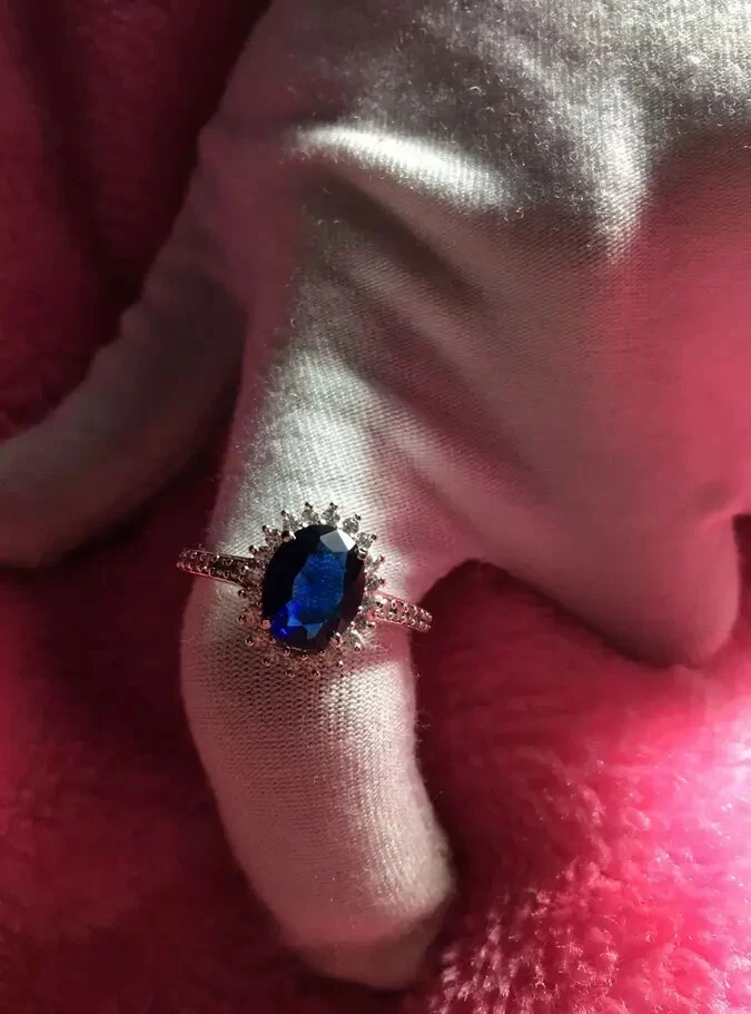 Anillo de boda de diamantes y zafiros naturales de corte ovalado de 4,65 quilates de plata de ley 925 6 7 Foto 2 de 4