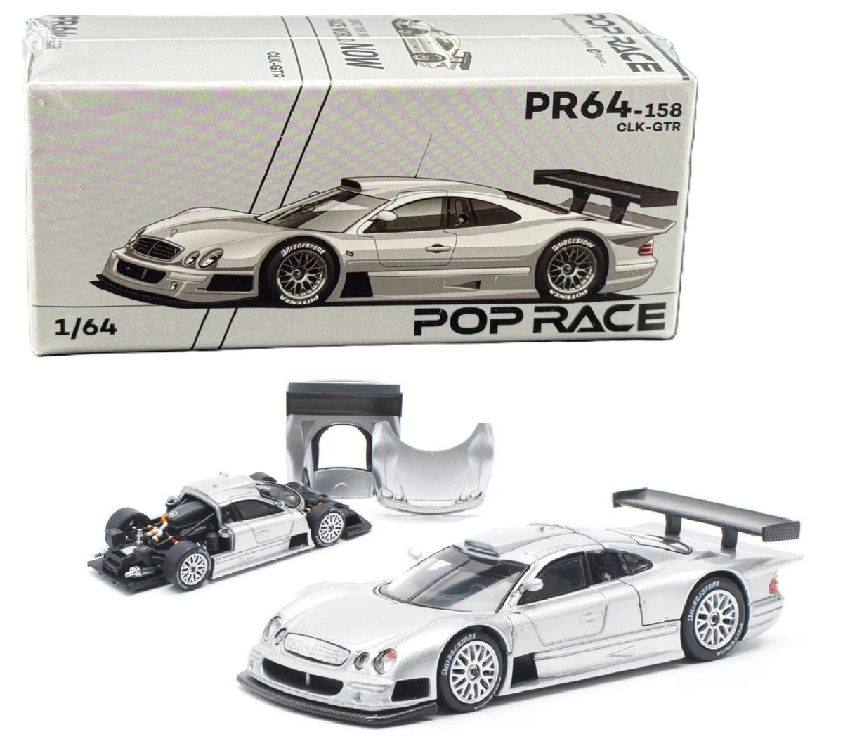 Mercedes CLK-GTR Street Version ミニカー Pop Race 1:64 Mercedes-Benz CLK AMG GTR (Silver) Street