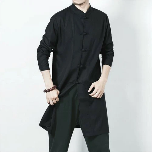 Men Chinese Kung Fu Long Jacket Top Midi Tang Suit Martial Art Shirt Loose Chic - Picture 7 of 20