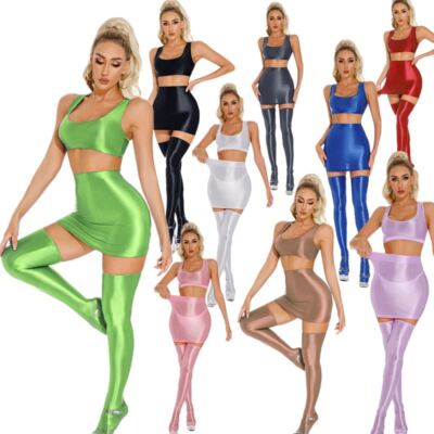 Womens Sets Mini Outfits Fashion Crop Top Party Skirt U Neck Stockings  Dance