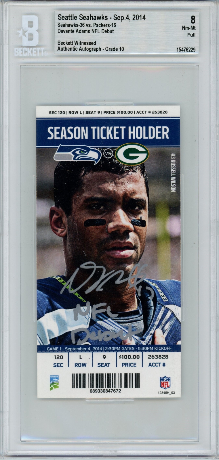 Davante Adams Autographed Signed Green Bay Packers Grade 8 Ticket NFL Debut Beckett 