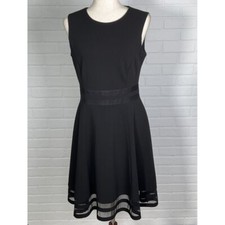 Calvin Klein Dress Womens 10 Black Mesh Ribbon Stripe Fit Flare Classic LBD