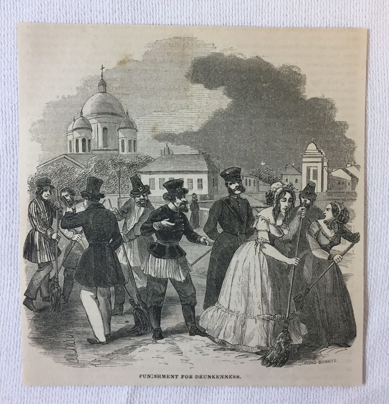 1852 magazine engraving ~ PUNISHMENT FOR DRUNKENNESS in St Petersburg, Russia