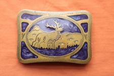 Vintage Johnson Held Hand Made Elk Deer Inlay Western Belt Buckle