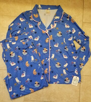 Nite Nite by Munki Munki Pajama Shirt Pants Set Playful Cats Yarn