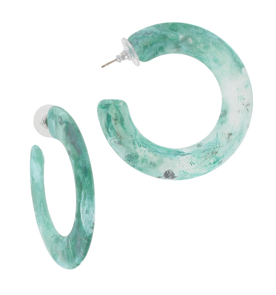 Earrings Hoop Big Bold Statement Wide Clear Lucite Marbled Patina Green 2 1/4" - Image 3 of 4