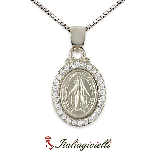 Collana Medaglia Madonna Miracolosa Brillante in Argento 925 Rodiato Oro Bianco - Immagine 3 di 4