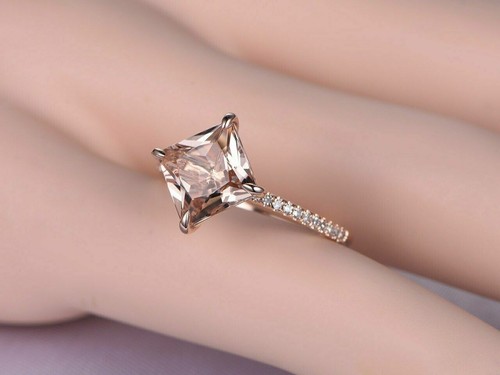 Princess Cut Simulated Peach Morganite Engagement Ring In 14k Rose Gold Plated - Picture 2 of 4