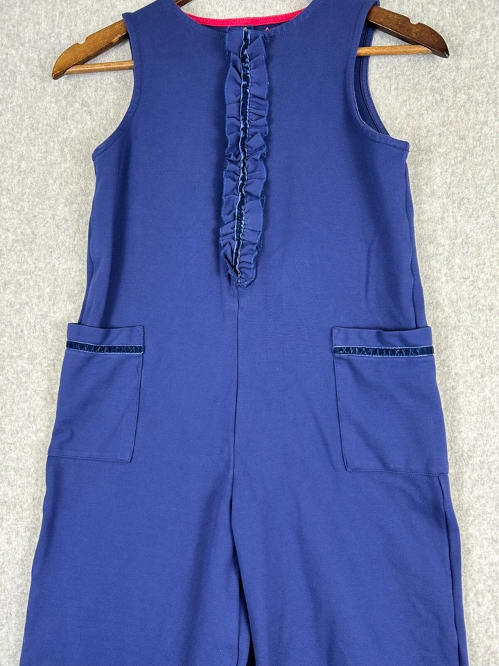 Boden Girls Jumpsuit 9/10 Blue Cotton Sleeveless Ruffle Front Wide Leg Pockets - Image 2 of 4