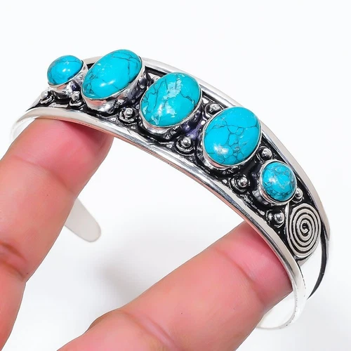 Blue Turquoise Gemstone 925 Sterling Silver Jewelry Adjustable Cuff Bracelet