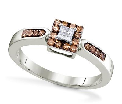 10K White Gold Chocolate Brown White Diamond Ring Princess Cut Diamonds 