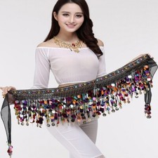 Women Shiny Sequin Coin Dance Waist Chain Skirt Wrap Tassel Belly Shawl Ballroom