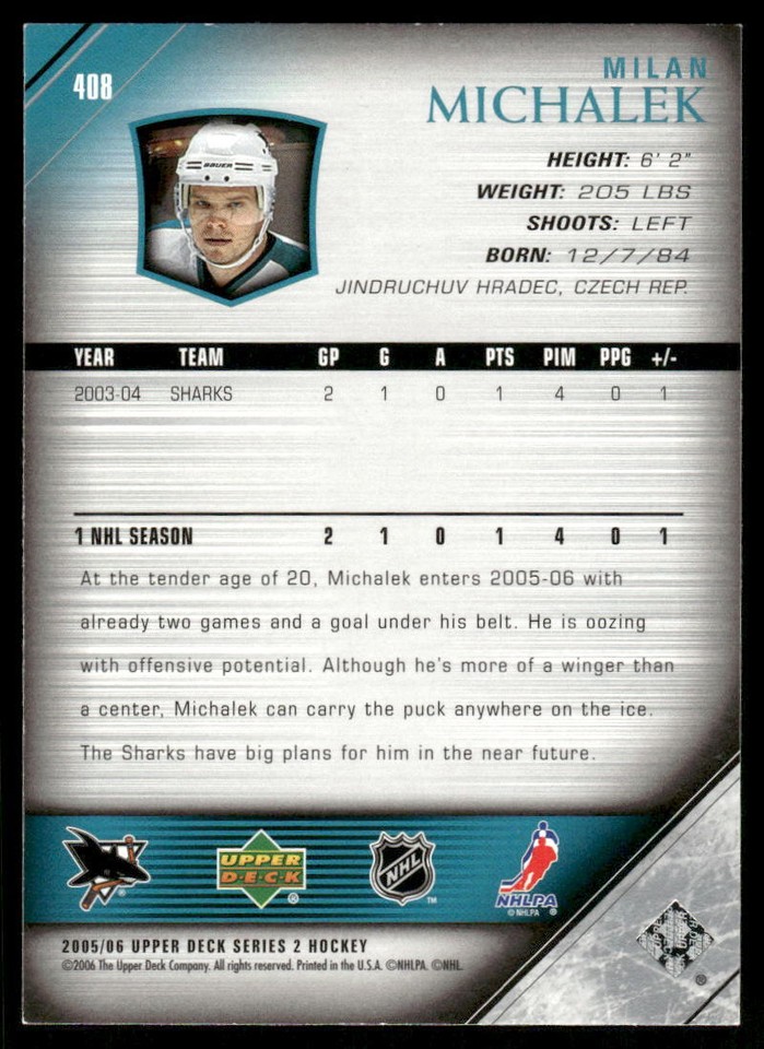 200506 Upper Deck Milan Michalek 408 San Jose Sharks eBay