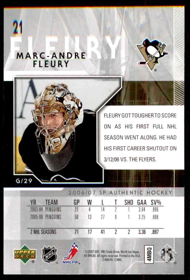 2006-07 SP AUTHENTIC MARC-ANDRE FLEURY PITTSBURGH PENGUINS #21 - Image 2 of 2