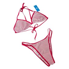 Cupshe Women  s Red With White Mesh Overlay Triangle Halter 2PC Bikini Set S