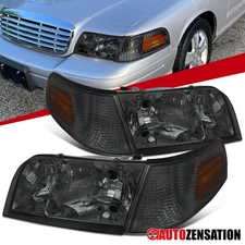 Fit 1998-2011 Ford Crown Victoria Smoke Headlights+Corner Parking Signal Lamps