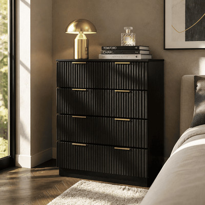 Black Fluted Dresser 5Drawer Chest Wavy Wood Storage Cabinet Bedroom Living Room