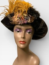 Plumed Edwardian Velvet Hat Yellow  Purple Details On Painted Chapeaux