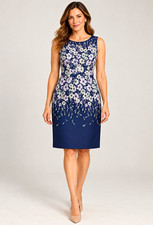 Talbots Dress Womens 10 Navy Floral Jacquard Sheath Sleeveless Lined Cocktail