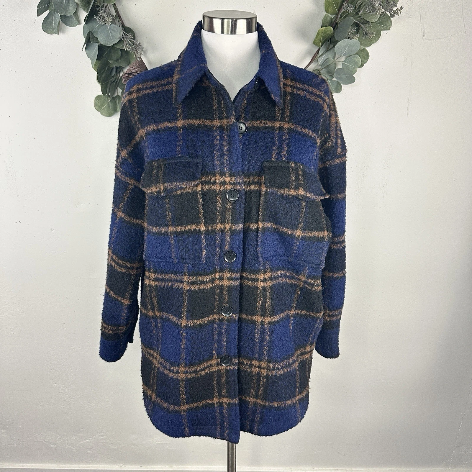 Good American Boyfriend Shacket Jacket S M Wool Blend Plaid Oversized Navy